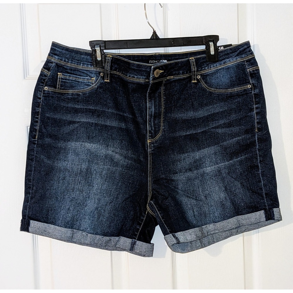 Fashion Nova Denim Shorts No Muffin Top Dark Wash Cuffed Size 16 NWT